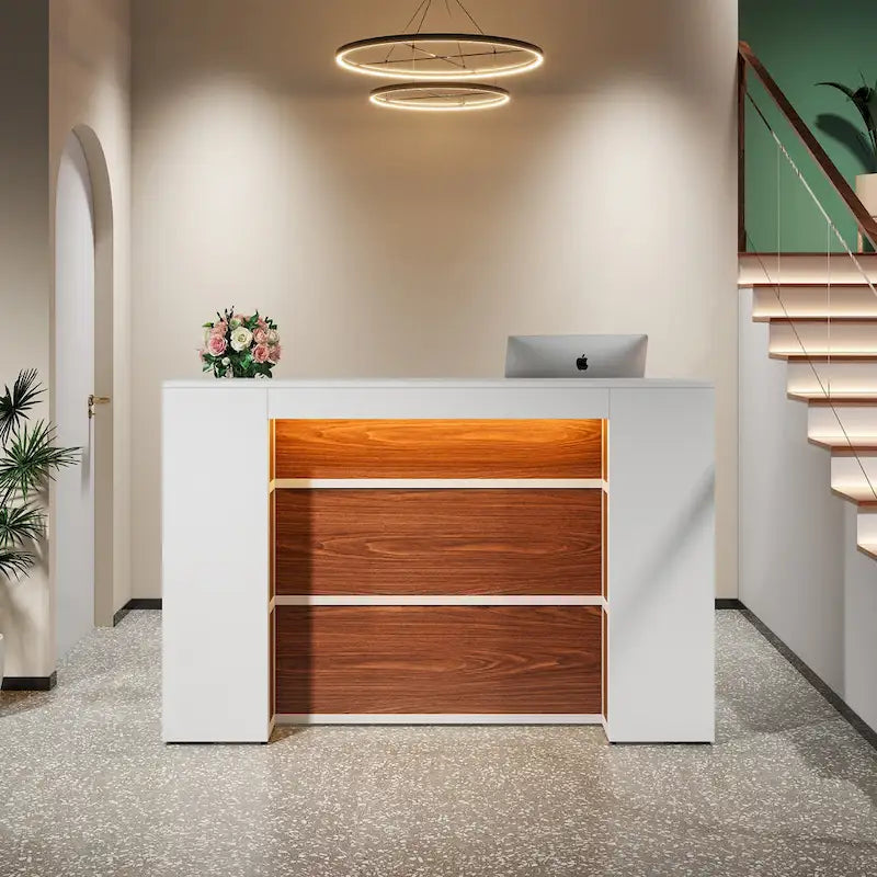 Bureau de réception blanc/marron et noir avec éclairage LED, bureau d'accueil individuel