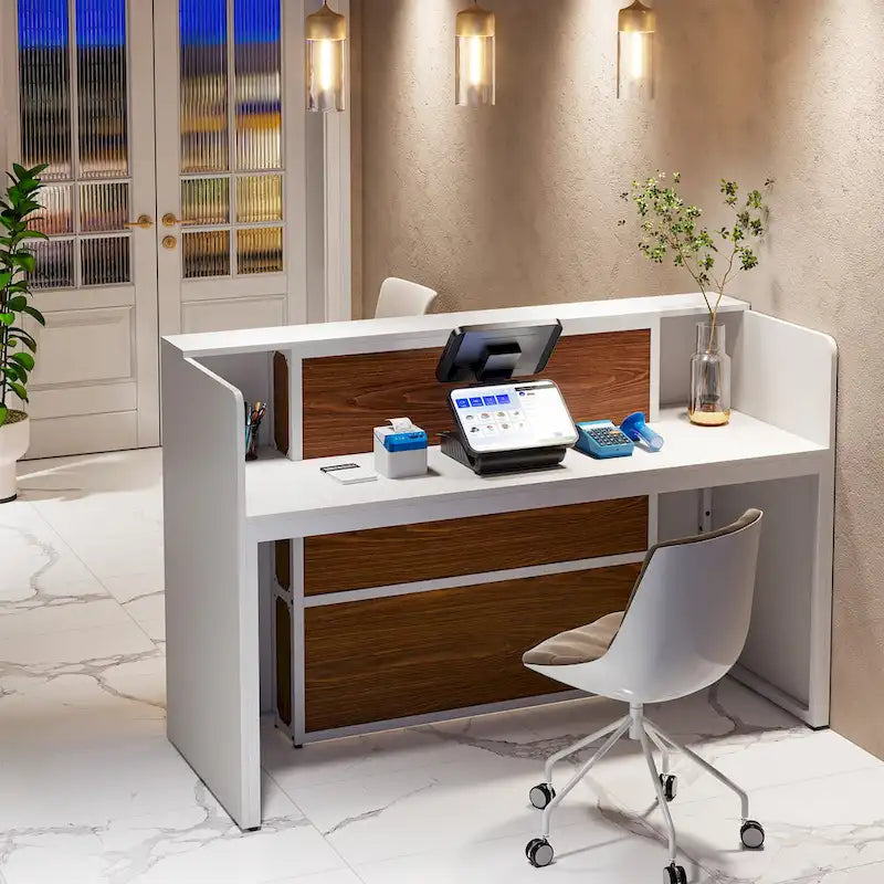 Bureau de réception blanc/marron et noir avec éclairage LED, bureau d'accueil individuel