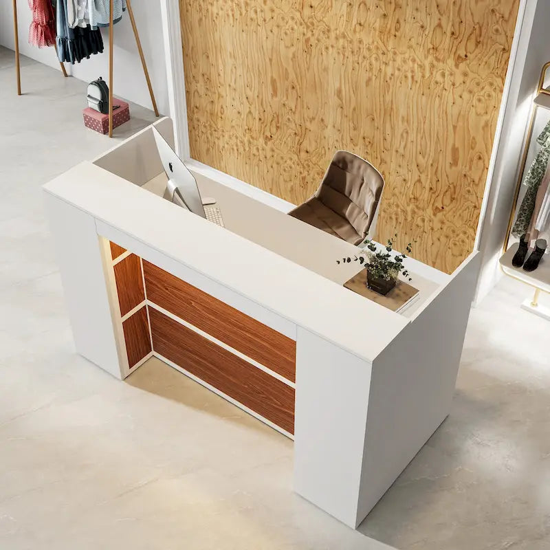 Bureau de réception blanc/marron et noir avec éclairage LED, bureau d'accueil individuel
