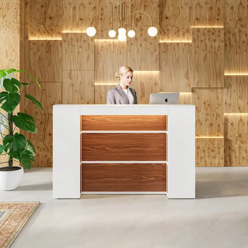 Bureau de réception blanc/marron et noir avec éclairage LED, bureau d'accueil individuel