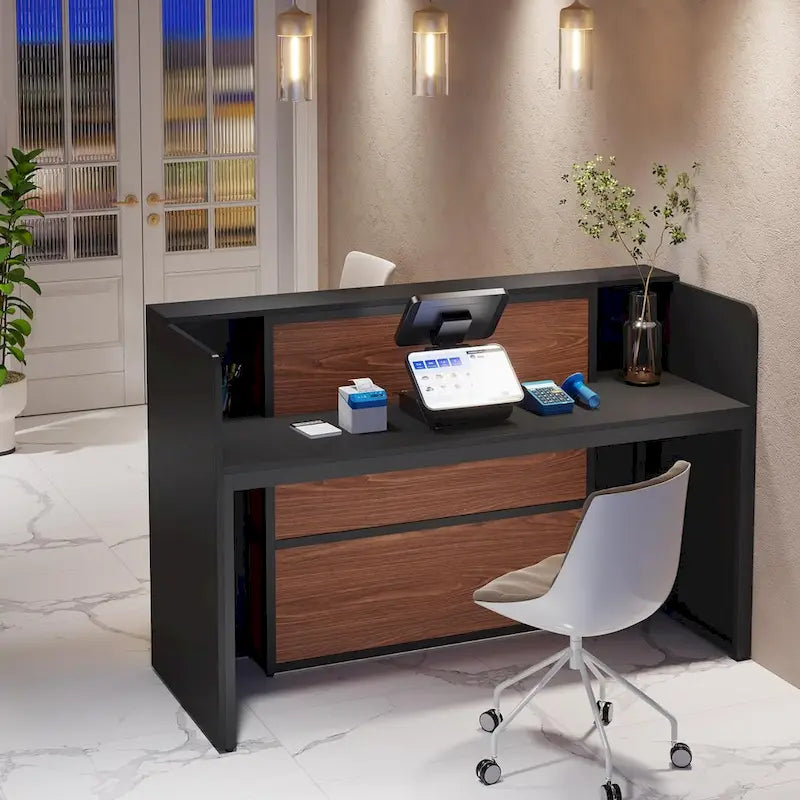 Bureau d'angle en L (1 personne) avec bande LED et panneau d'intimité, Blanc+Marron / Noir+Marron / Marron+Noir