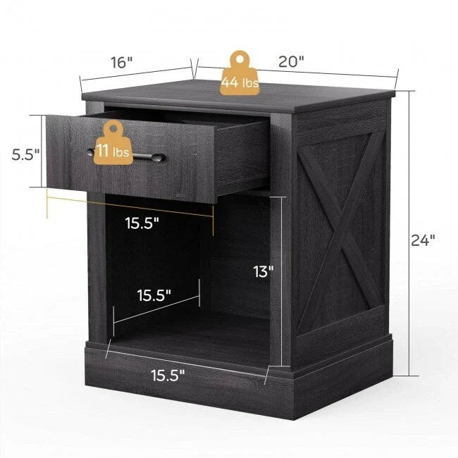 Table de chevet rustique avec tiroir et étagère (naturel/marron/noir), 1 personne