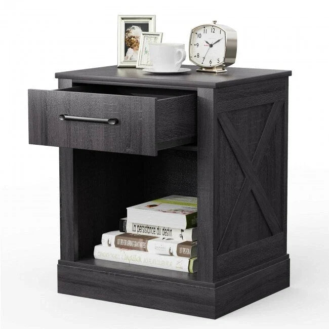 Table de chevet rustique avec tiroir et étagère (naturel/marron/noir), 1 personne