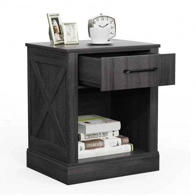 Table de chevet rustique avec tiroir et étagère (naturel/marron/noir), 1 personne