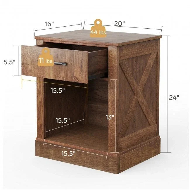 Table de chevet rustique avec tiroir et étagère (naturel/marron/noir), 1 personne