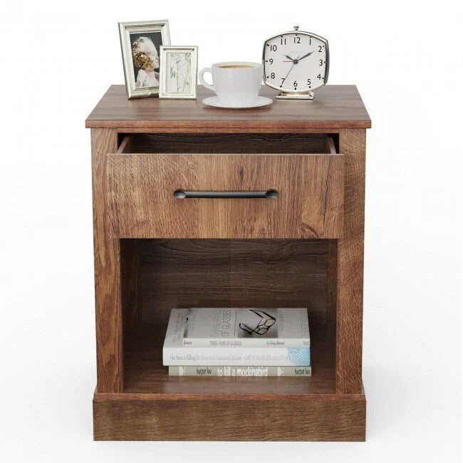 Table de chevet rustique avec tiroir et étagère (naturel/marron/noir), 1 personne
