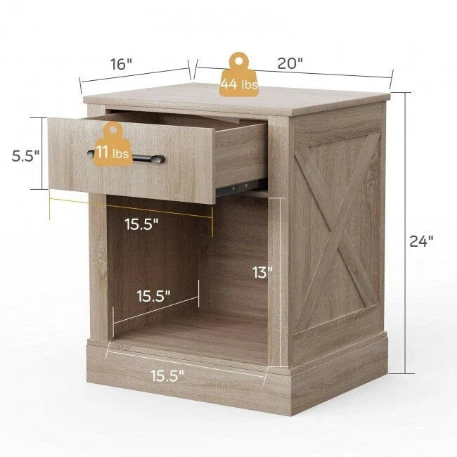 Table de chevet rustique avec tiroir et étagère (naturel/marron/noir), 1 personne