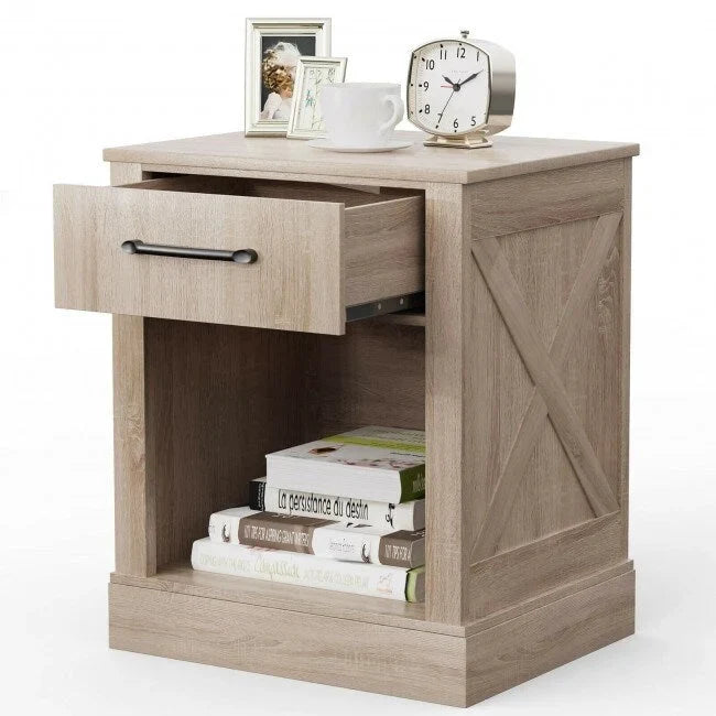 Table de chevet rustique avec tiroir et étagère (naturel/marron/noir), 1 personne