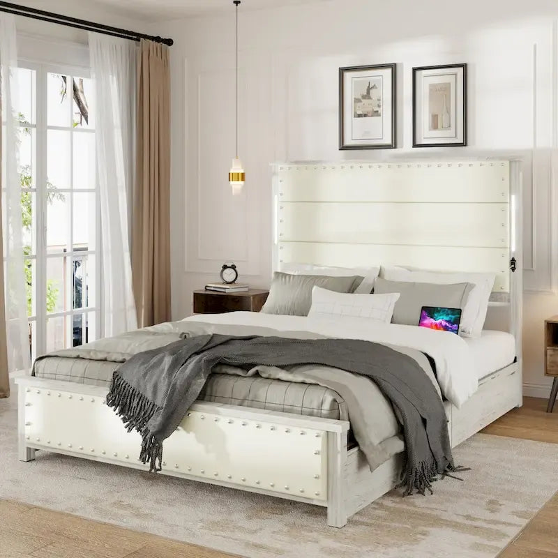 Cadre de lit plateforme en similicuir gris foncé avec lumières DEL et tiroirs de rangement – Grand lit/Très grand lit