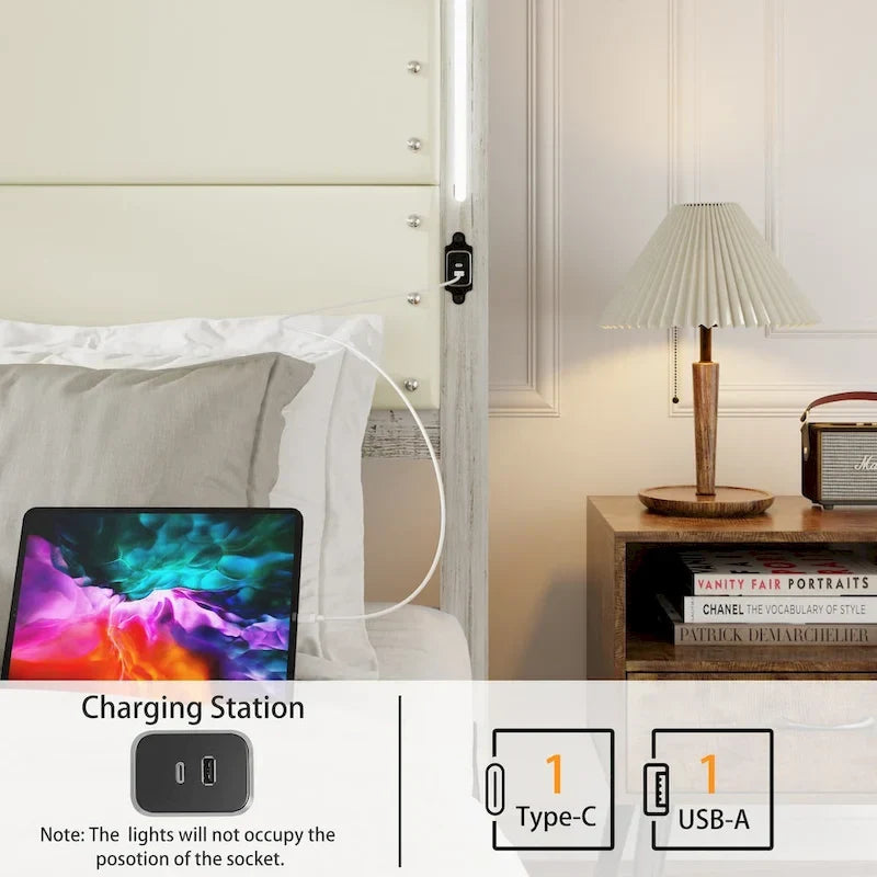 Cadre de lit plateforme en similicuir gris foncé avec lumières DEL et tiroirs de rangement – Grand lit/Très grand lit