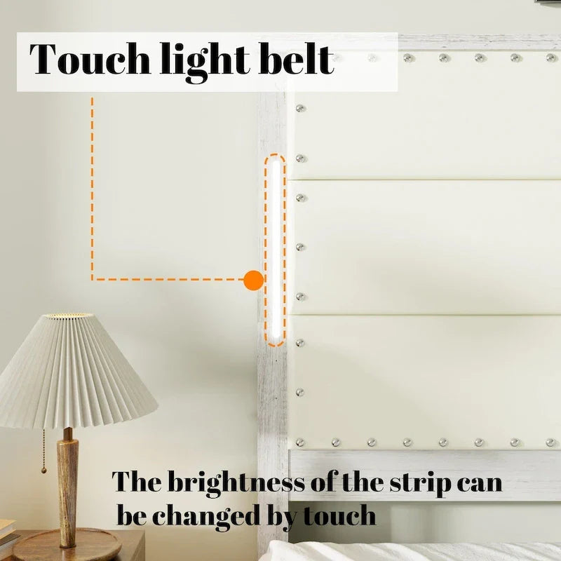 Cadre de lit plateforme en similicuir gris foncé avec lumières DEL et tiroirs de rangement – Grand lit/Très grand lit