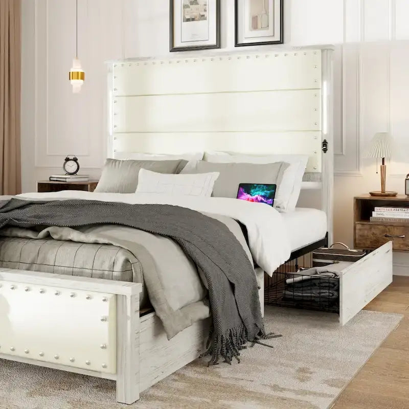 Cadre de lit plateforme en similicuir gris foncé avec lumières DEL et tiroirs de rangement – Grand lit/Très grand lit