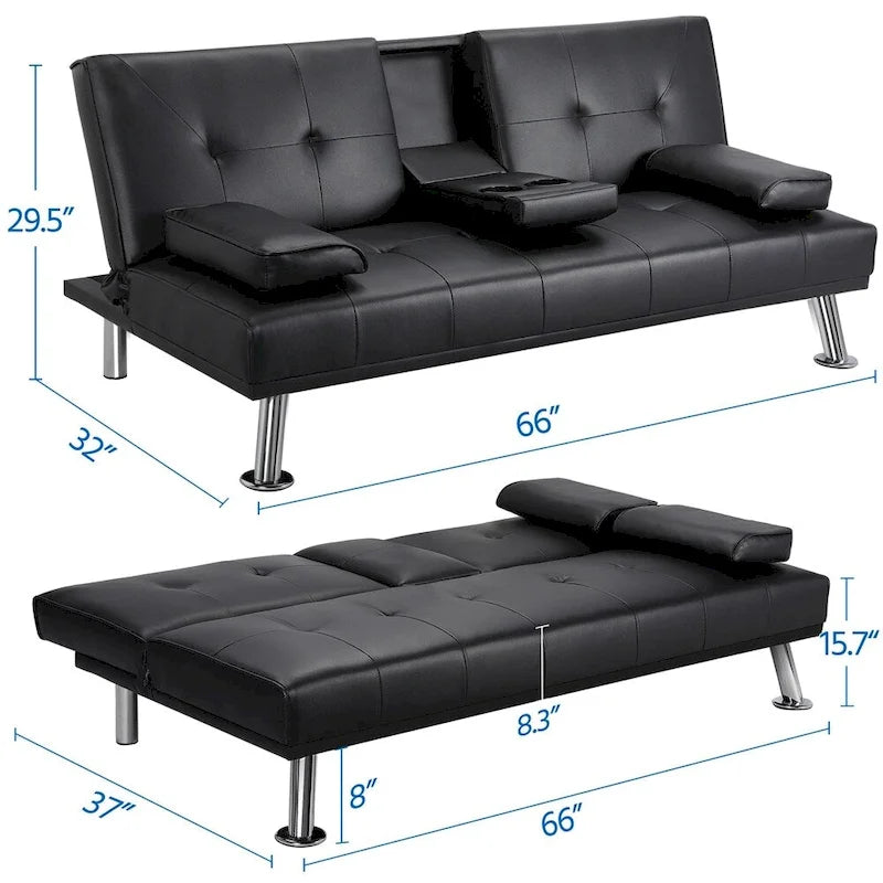 Canapé-lit futon en similicuir, inclinable, 3 places – Noir / Marron / Gris / Expresso / Blanc