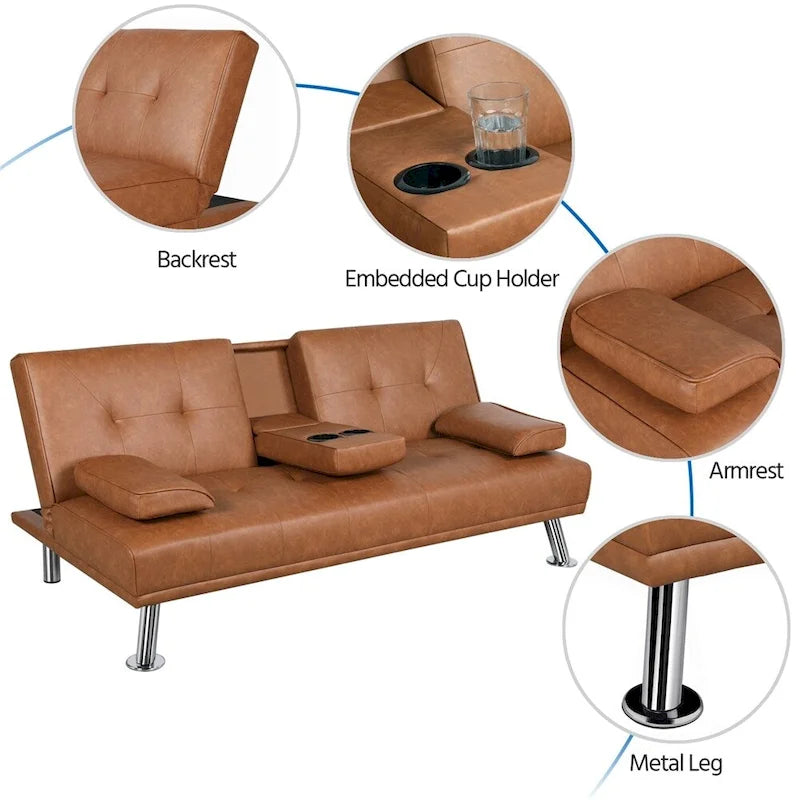 Canapé-lit futon en similicuir, inclinable, 3 places – Noir / Marron / Gris / Expresso / Blanc