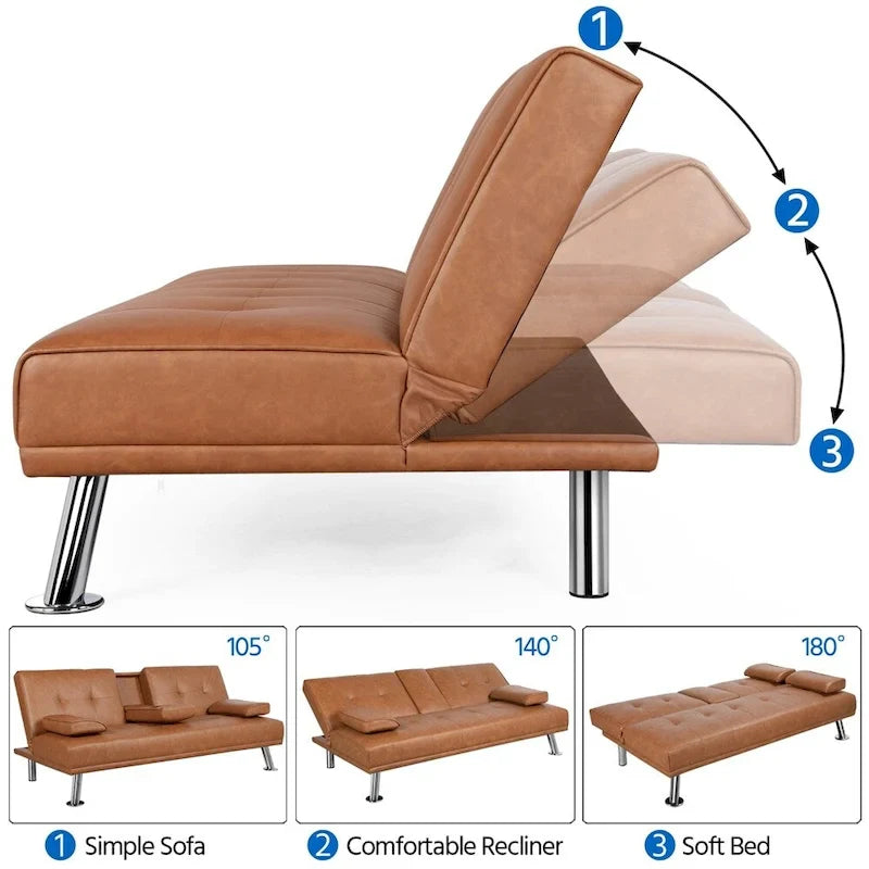Canapé-lit futon en similicuir, inclinable, 3 places – Noir / Marron / Gris / Expresso / Blanc