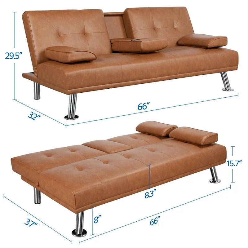 Canapé-lit futon en similicuir, inclinable, 3 places – Noir / Marron / Gris / Expresso / Blanc