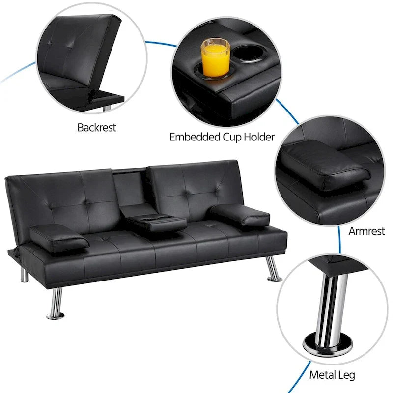 Canapé-lit futon en similicuir, inclinable, 3 places – Noir / Marron / Gris / Expresso / Blanc