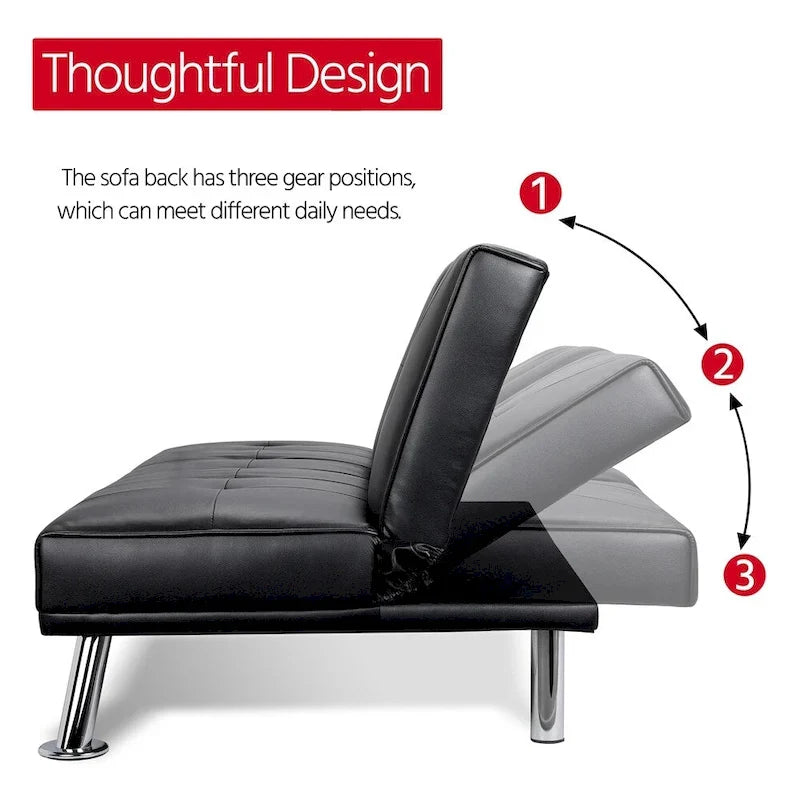 Canapé-lit futon en similicuir, inclinable, 3 places – Noir / Marron / Gris / Expresso / Blanc
