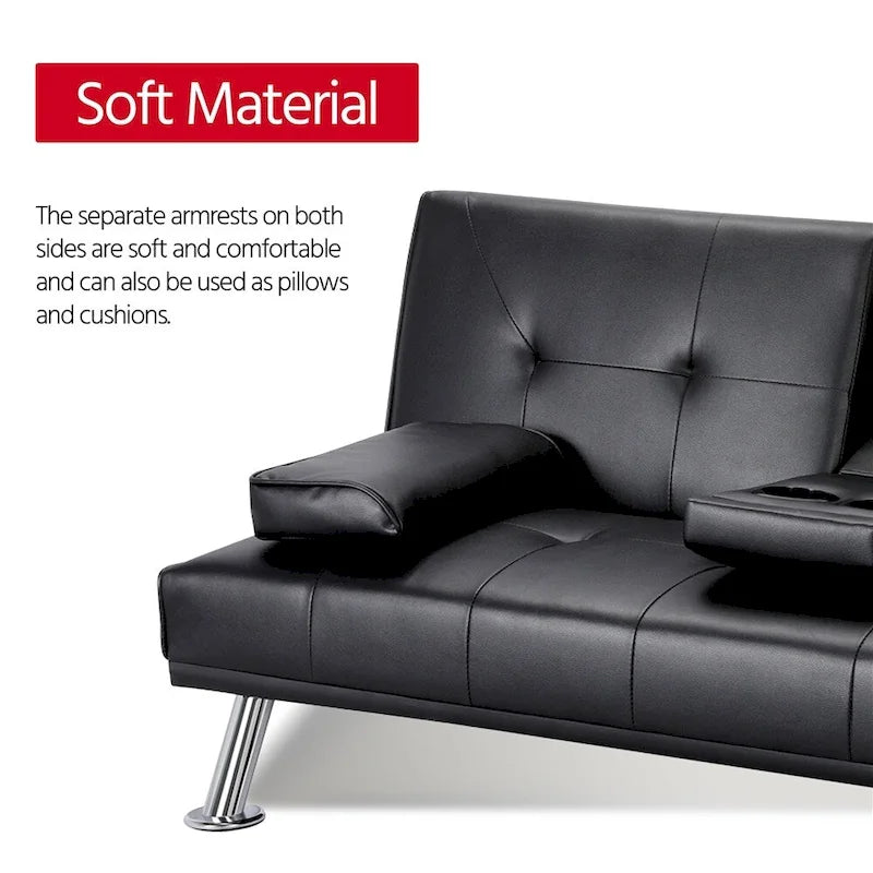 Canapé-lit futon en similicuir, inclinable, 3 places – Noir / Marron / Gris / Expresso / Blanc