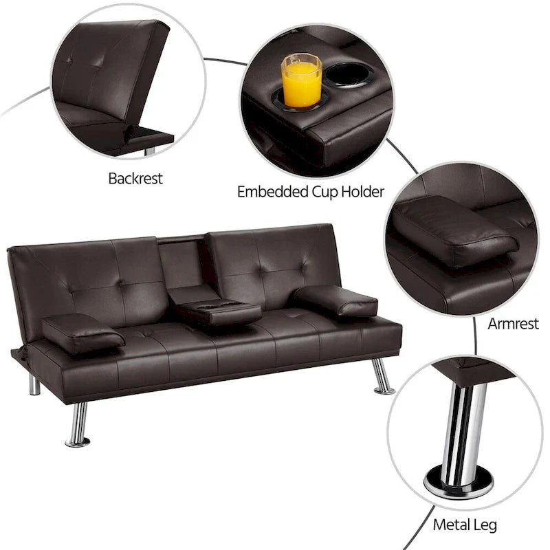 Canapé-lit futon en similicuir, inclinable, 3 places – Noir / Marron / Gris / Expresso / Blanc