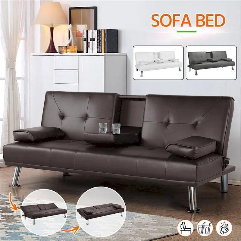 Canapé-lit futon en similicuir, inclinable, 3 places – Noir / Marron / Gris / Expresso / Blanc