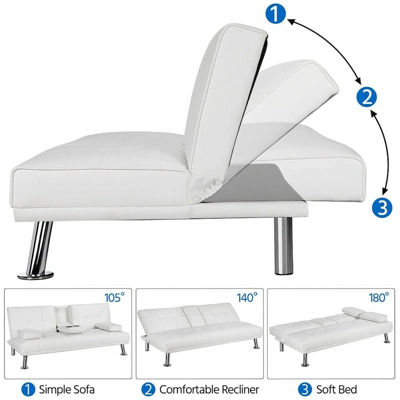 Canapé-lit futon en similicuir, inclinable, 3 places – Noir / Marron / Gris / Expresso / Blanc