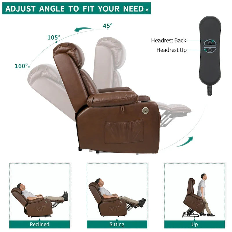 Fauteuil inclinable massant et releveur en similicuir, simple