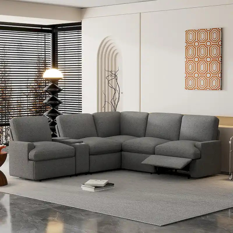 Canapé d'angle inclinable électrique 4 places gris foncé/beige