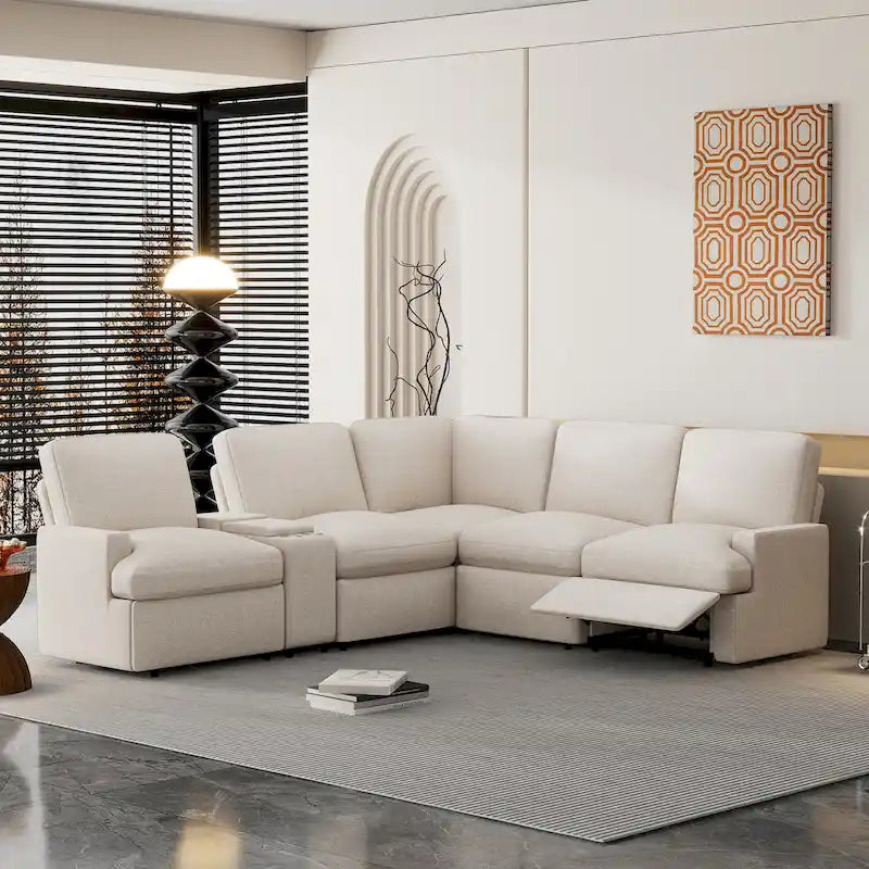 Canapé d'angle inclinable électrique 4 places gris foncé/beige