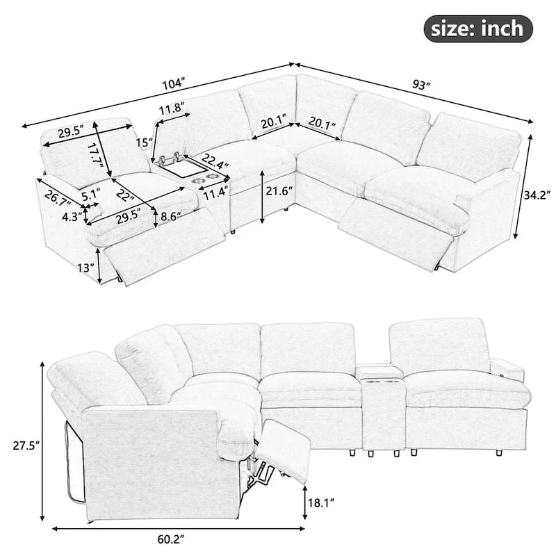 Canapé d'angle inclinable électrique 4 places gris foncé/beige