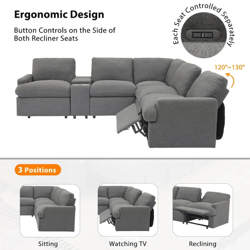 Canapé d'angle inclinable électrique 4 places gris foncé/beige