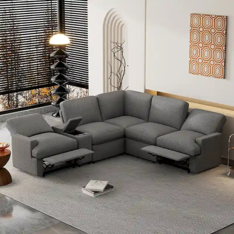 Canapé d'angle inclinable électrique 4 places gris foncé/beige