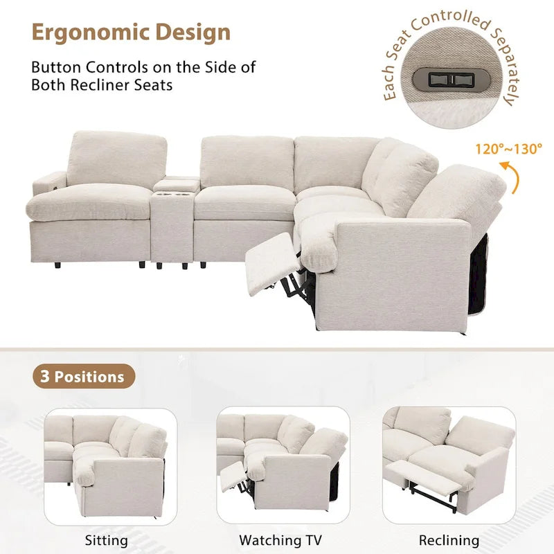 Canapé d'angle inclinable électrique 4 places gris foncé/beige
