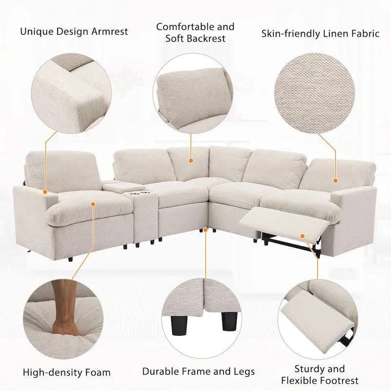 Canapé d'angle inclinable électrique 4 places gris foncé/beige
