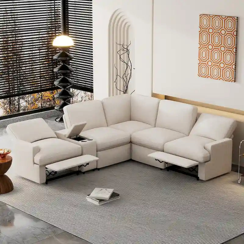 Canapé d'angle inclinable électrique 4 places gris foncé/beige