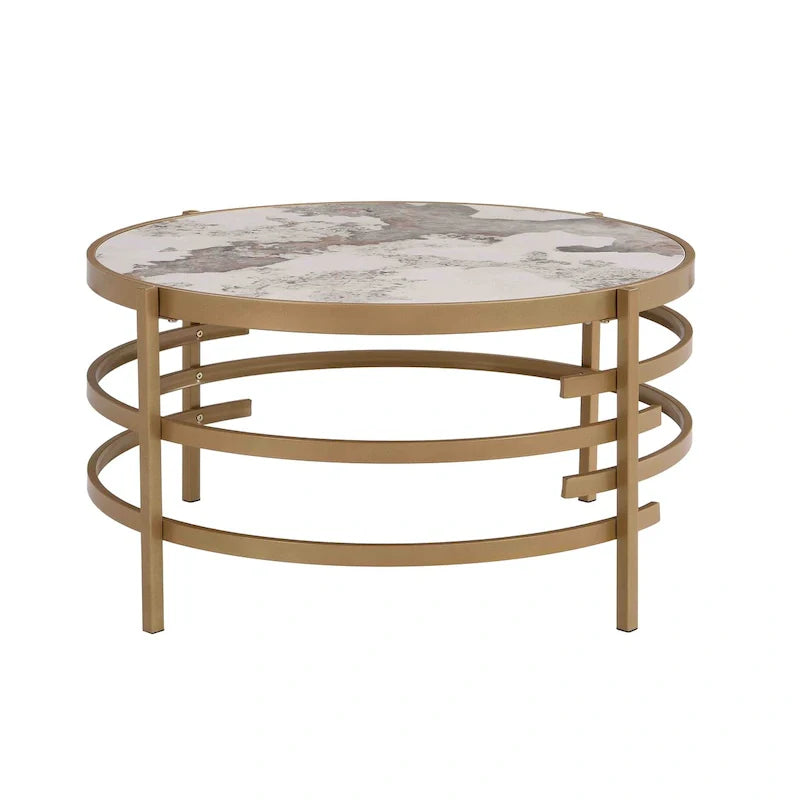 Table basse avec plateau en pierre frittée grise / dorée / argentée et piètement en métal, pour 1