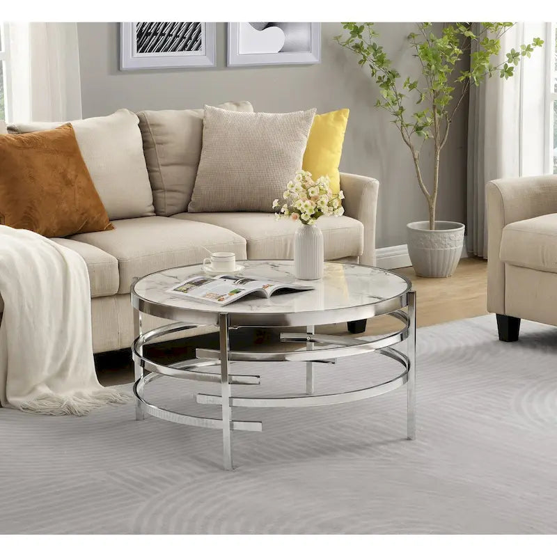 Table basse avec plateau en pierre frittée grise / dorée / argentée et piètement en métal, pour 1