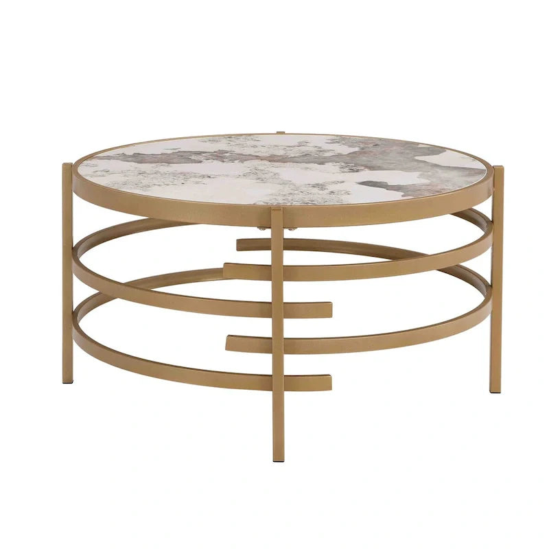 Table basse avec plateau en pierre frittée grise / dorée / argentée et piètement en métal, pour 1
