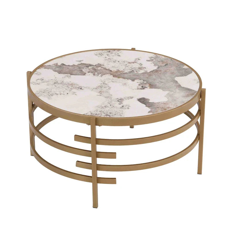 Table basse avec plateau en pierre frittée grise / dorée / argentée et piètement en métal, pour 1