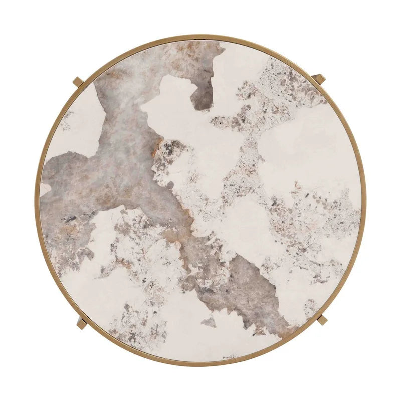 Table basse avec plateau en pierre frittée grise / dorée / argentée et piètement en métal, pour 1