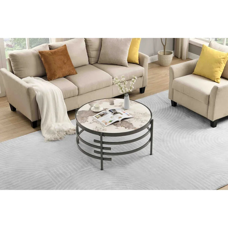 Table basse avec plateau en pierre frittée grise / dorée / argentée et piètement en métal, pour 1