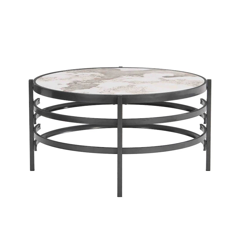 Table basse avec plateau en pierre frittée grise / dorée / argentée et piètement en métal, pour 1