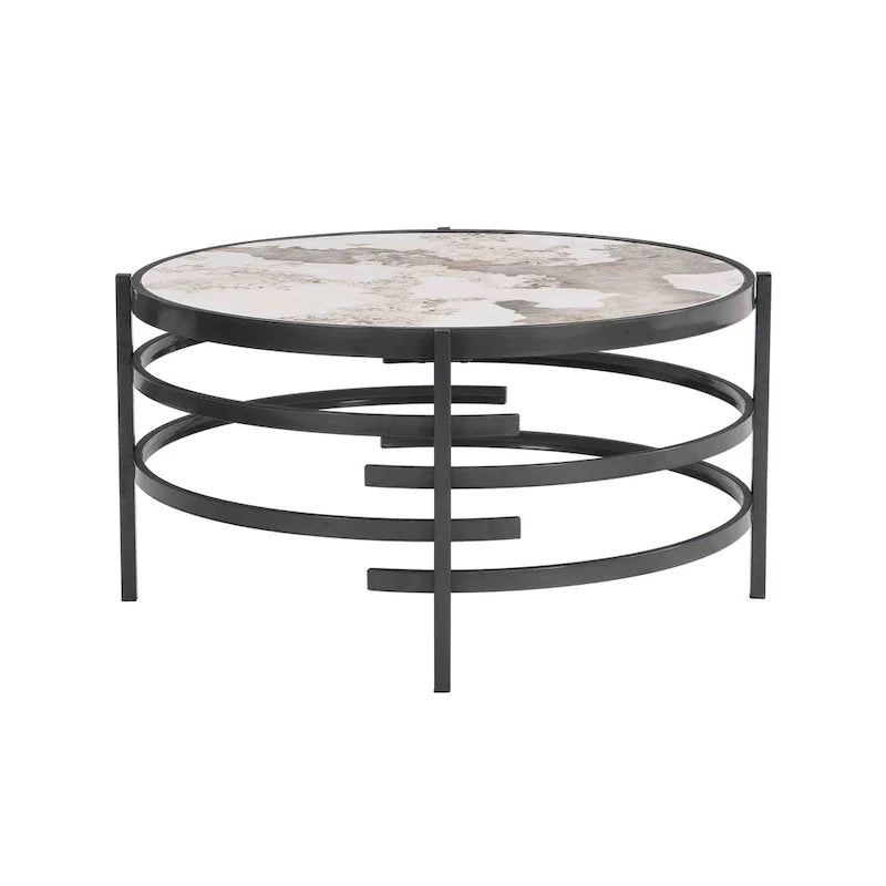 Table basse avec plateau en pierre frittée grise / dorée / argentée et piètement en métal, pour 1