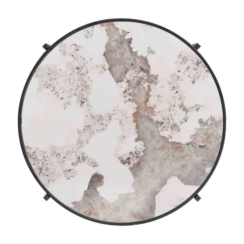 Table basse avec plateau en pierre frittée grise / dorée / argentée et piètement en métal, pour 1