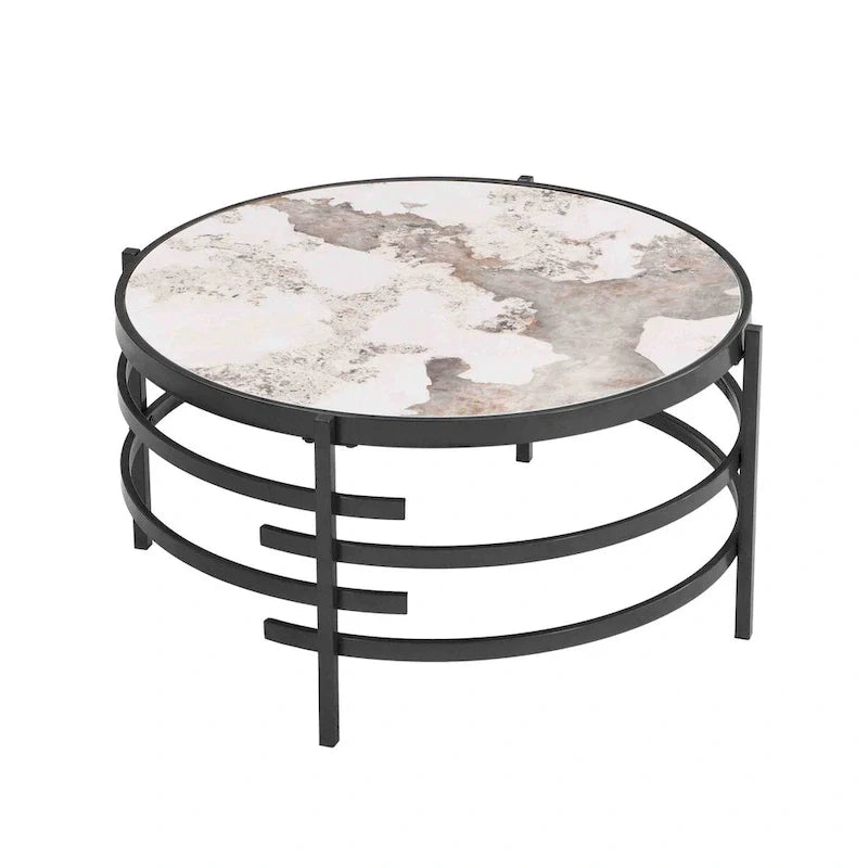 Table basse avec plateau en pierre frittée grise / dorée / argentée et piètement en métal, pour 1