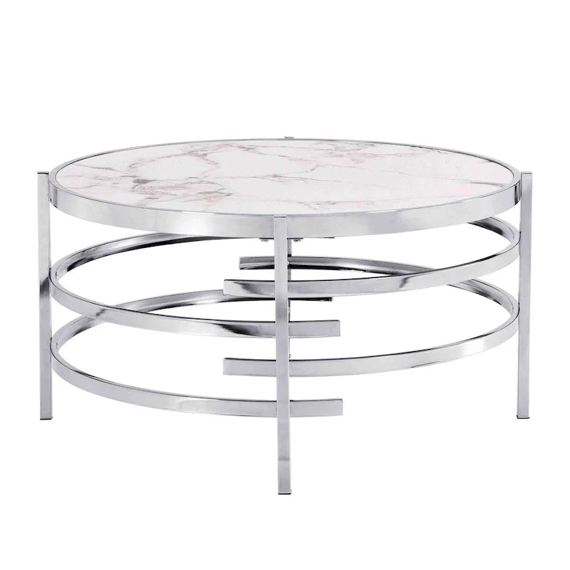Table basse avec plateau en pierre frittée grise / dorée / argentée et piètement en métal, pour 1
