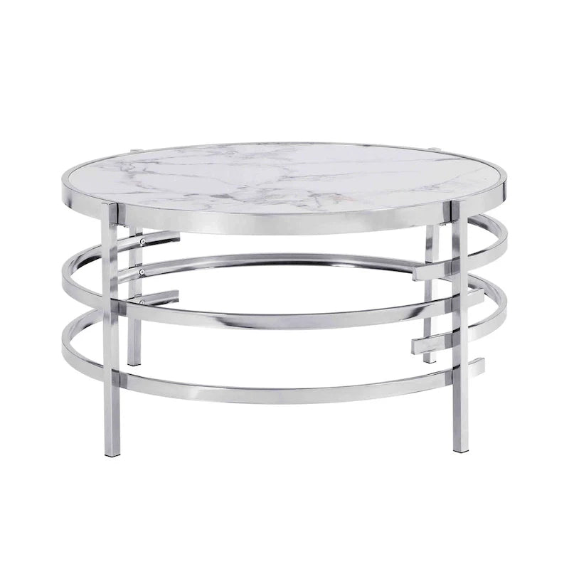 Table basse avec plateau en pierre frittée grise / dorée / argentée et piètement en métal, pour 1