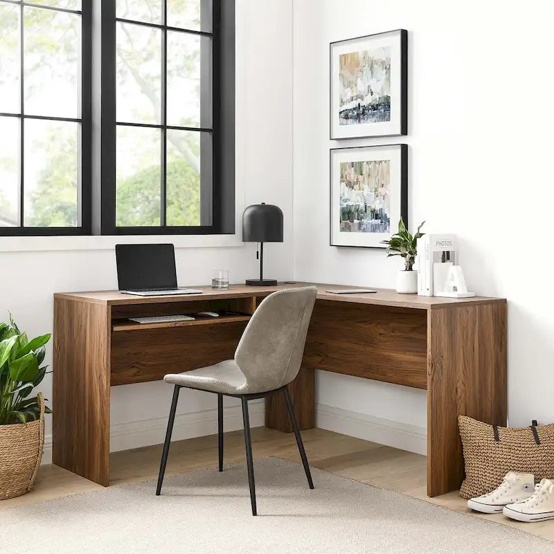 Bureau d'angle en noyer avec plateau coulissant pour clavier, simple