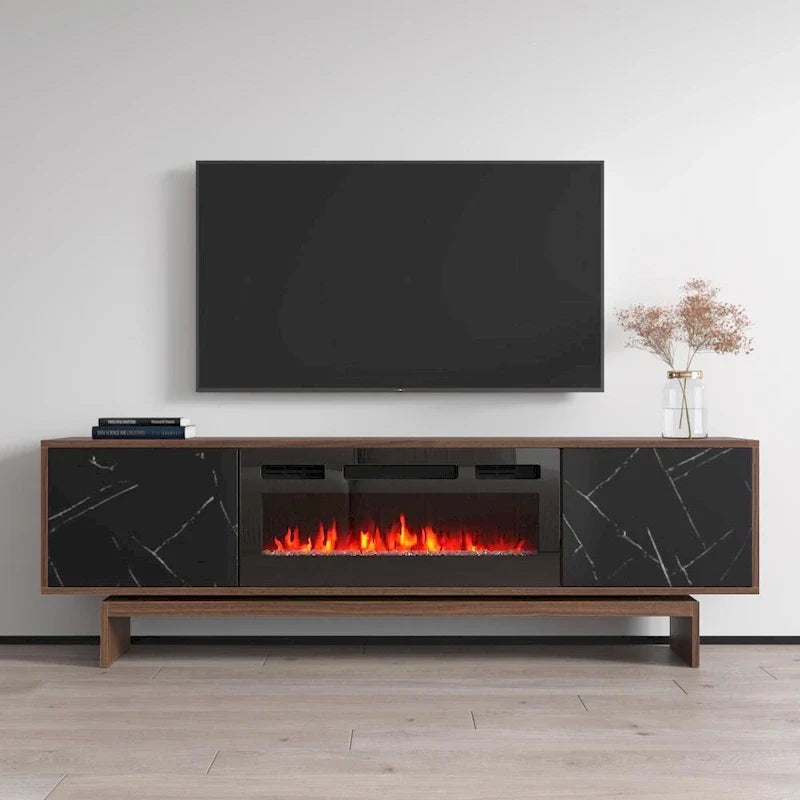 Meuble TV cheminée électrique noyer, style moderne, convient aux téléviseurs jusqu'à 80", 2 coloris