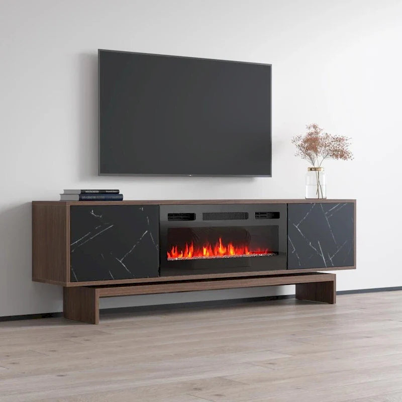Meuble TV cheminée électrique noyer, style moderne, convient aux téléviseurs jusqu'à 80", 2 coloris